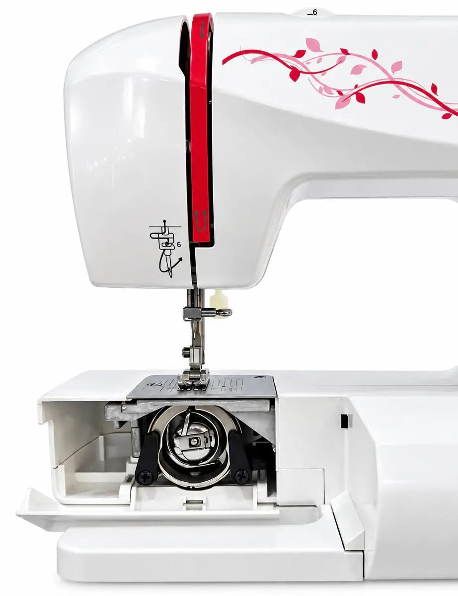 Machine à coudre 3230-v blanche avec design de vigne rouge et bande verticale assortie sur le côté