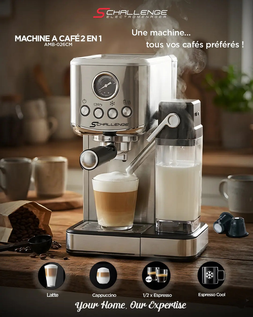 Machine à expresso schallenge amb‑026cm en acier inoxydable avec buse vapeur et récipient à lait pour latte cappuccino et espresso