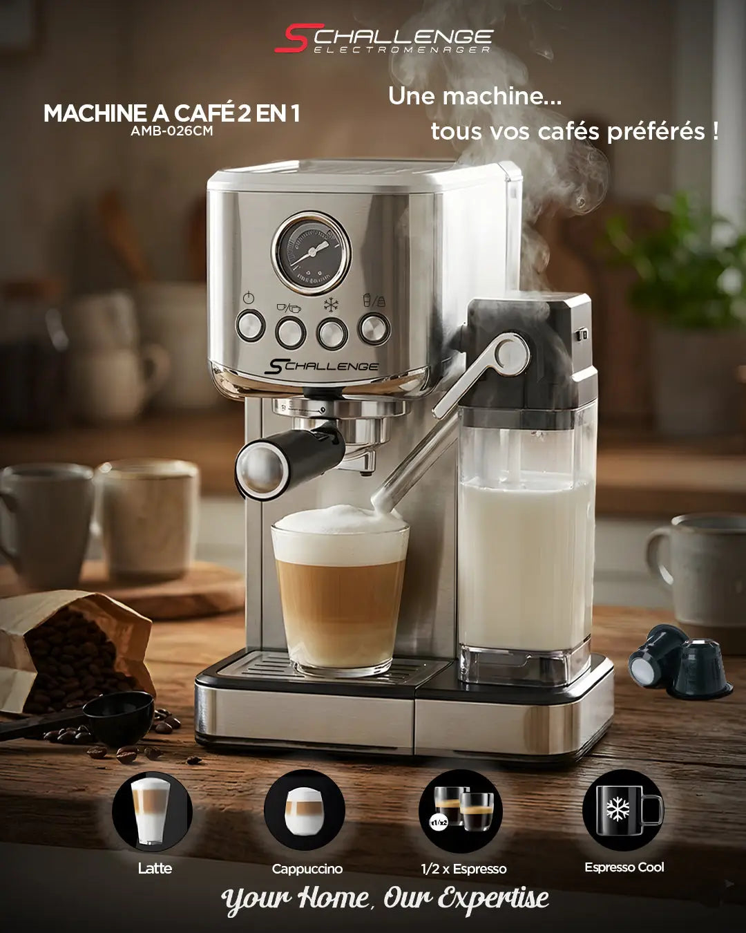 Machine à expresso schallenge amb‑026cm en acier inoxydable avec buse vapeur et récipient à lait pour latte cappuccino et espresso