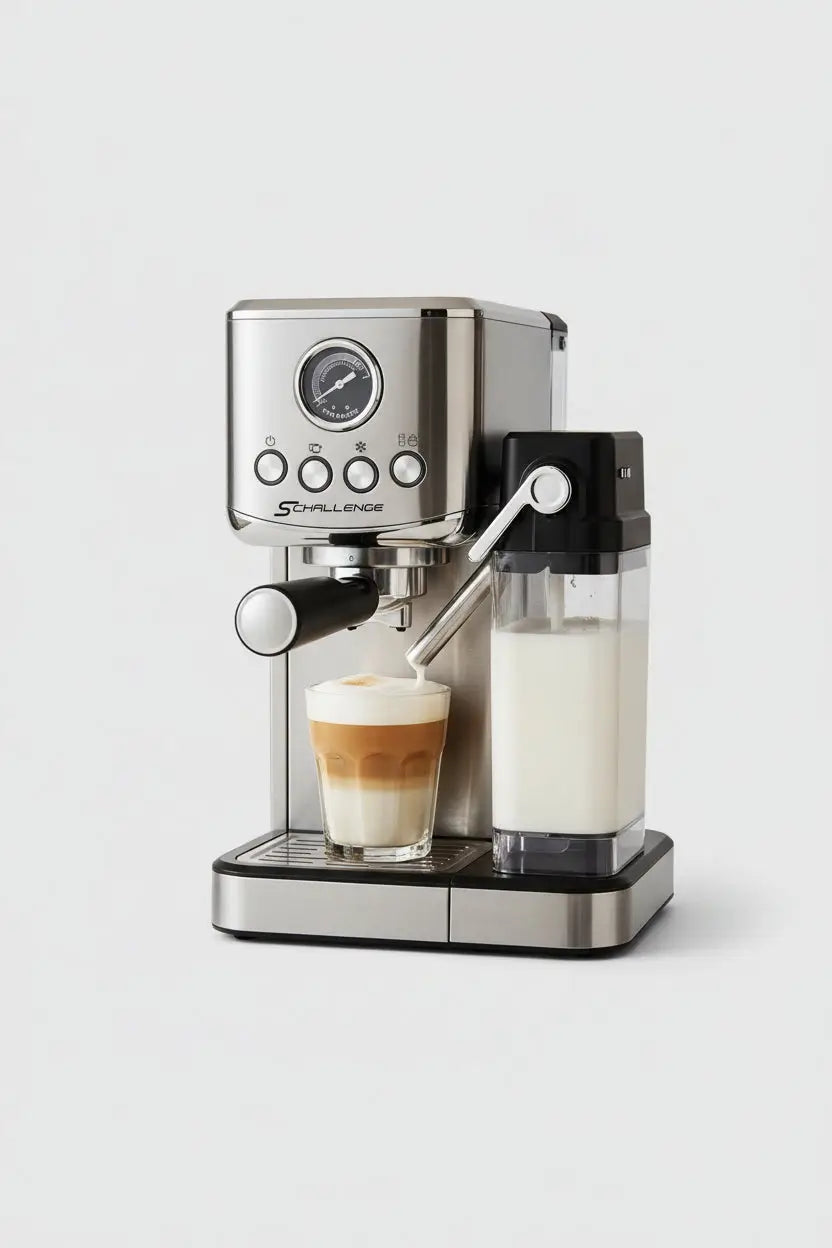 Machine à expresso schallenge amb‑026cm en acier inoxydable et noir avec mousseur à lait intégré