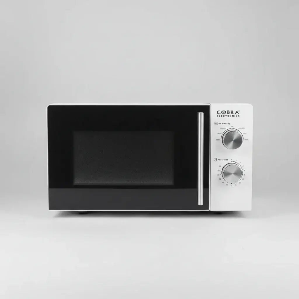 Micro-onde 20 litres blanc white and black cobra electronics with sleek design and two silver control knobs