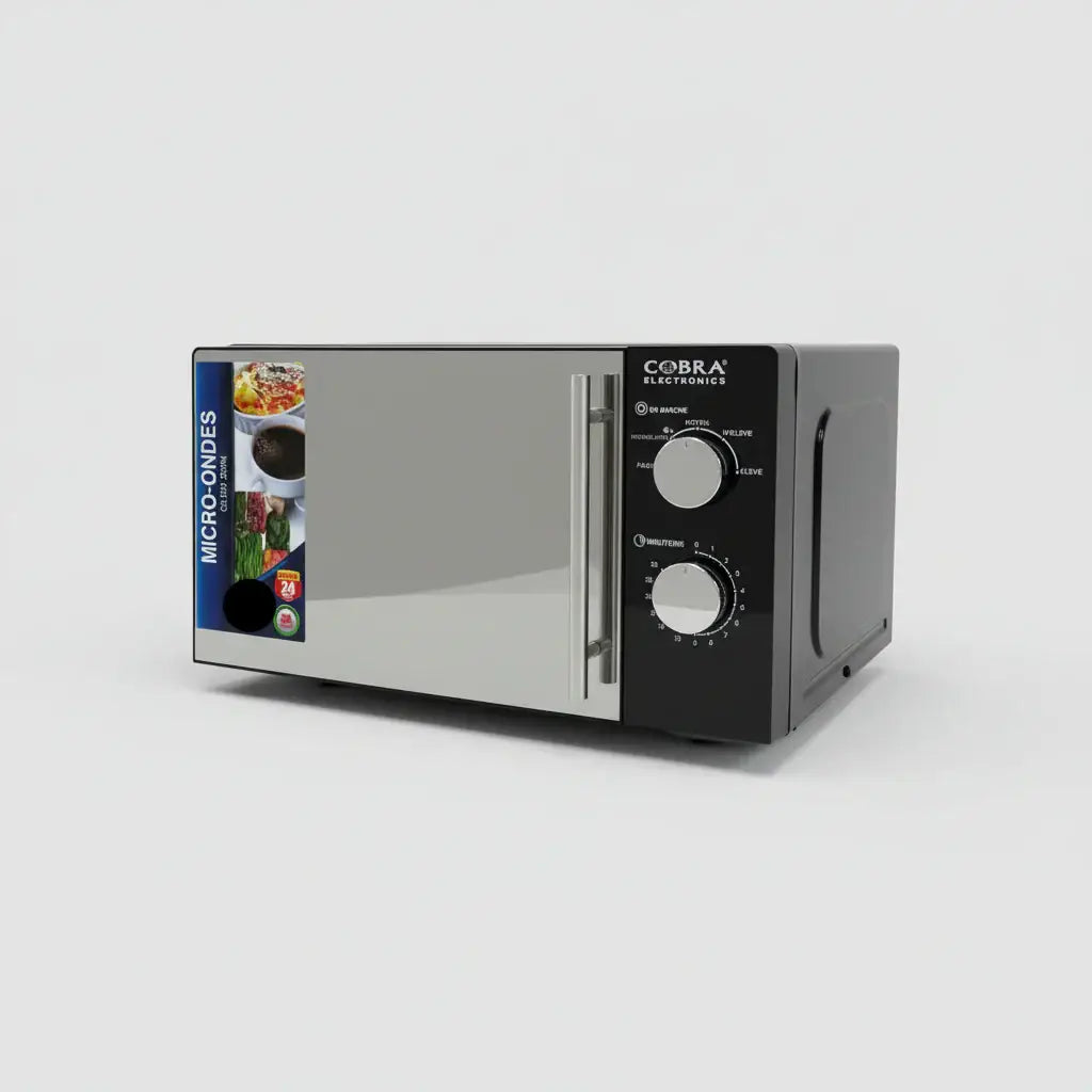 Micro-ondes cobra 20 litres miroir avec porte en acier inoxydable et panneau de commande noir à deux boutons rotatifs