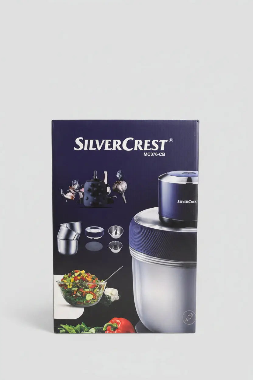 Mini hachoir silvercrest mc376-cb 350w en argent et bleu marine avec accents en acier inoxydable pour cuisine compact