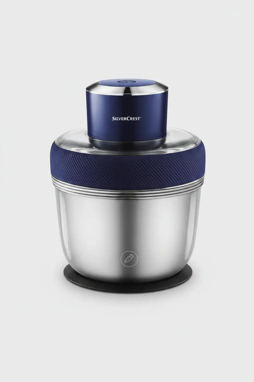 Mini hachoir silvercrest mc376-cb 350w avec corps inox, accents bleu marine texturés et dessus chrome poli