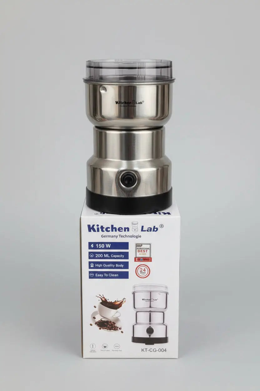 Moulin à café en acier inoxydable kt-cg-004 avec couvercle en plastique transparent et base noire