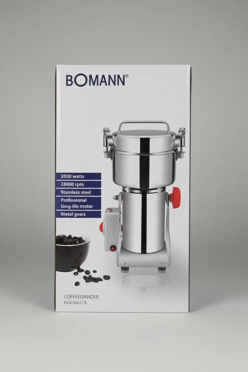 Moulin à café bomann ksw 6503 cb en acier inoxydable avec bouton d’alimentation rouge et finition métallique
