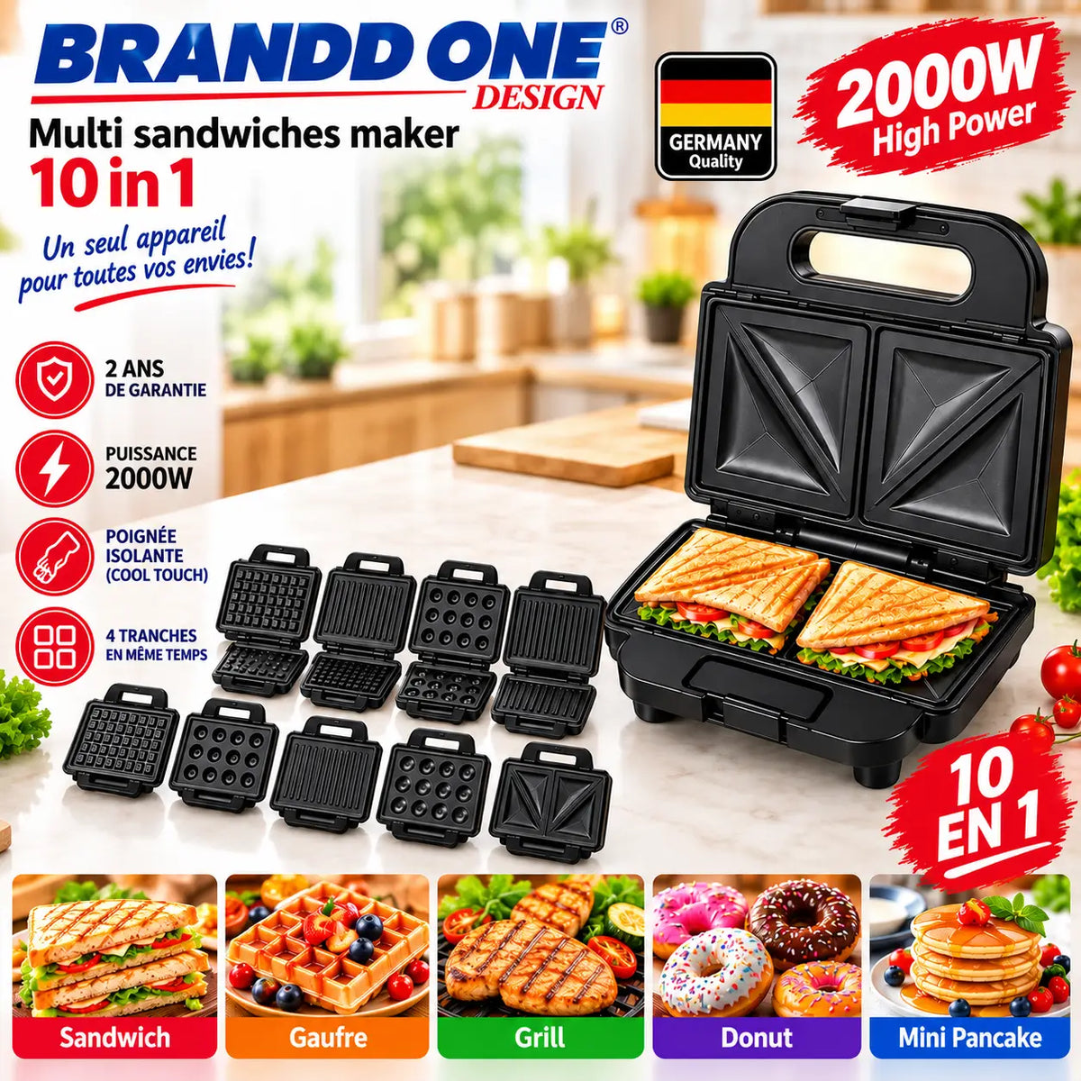 Multi-sandwiches brandd one design 10 en 1 2000 w appareil noir en plastique avec plaques interchangeables