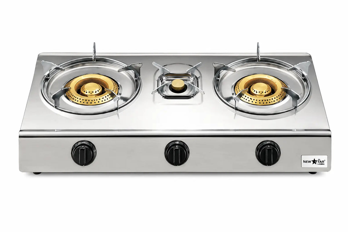 Stainless steel two-burner gas stove with gold burner grates and black knobs for موقد غاز 3 شعلات ns-rg 3bf