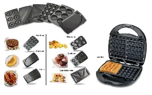 Fer à panini 7 en 1 noir antiadhésif avec plaques interchangeables pour gaufres pâtes et grillades
