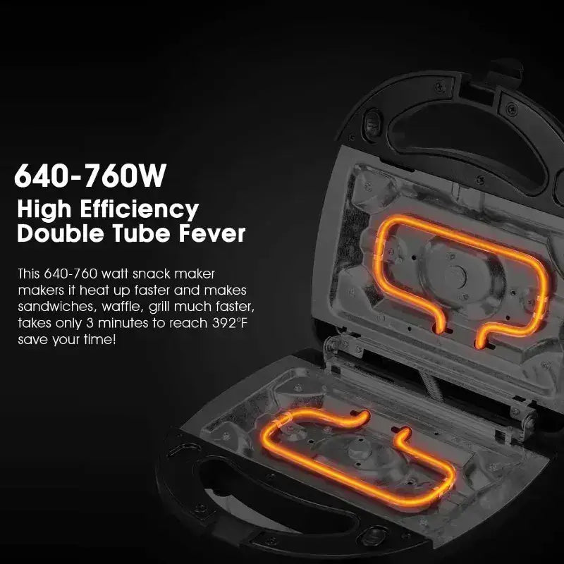 Panineuse 7 en 1 noire double tube électrique pour snacks avec éléments chauffants orange lumineux