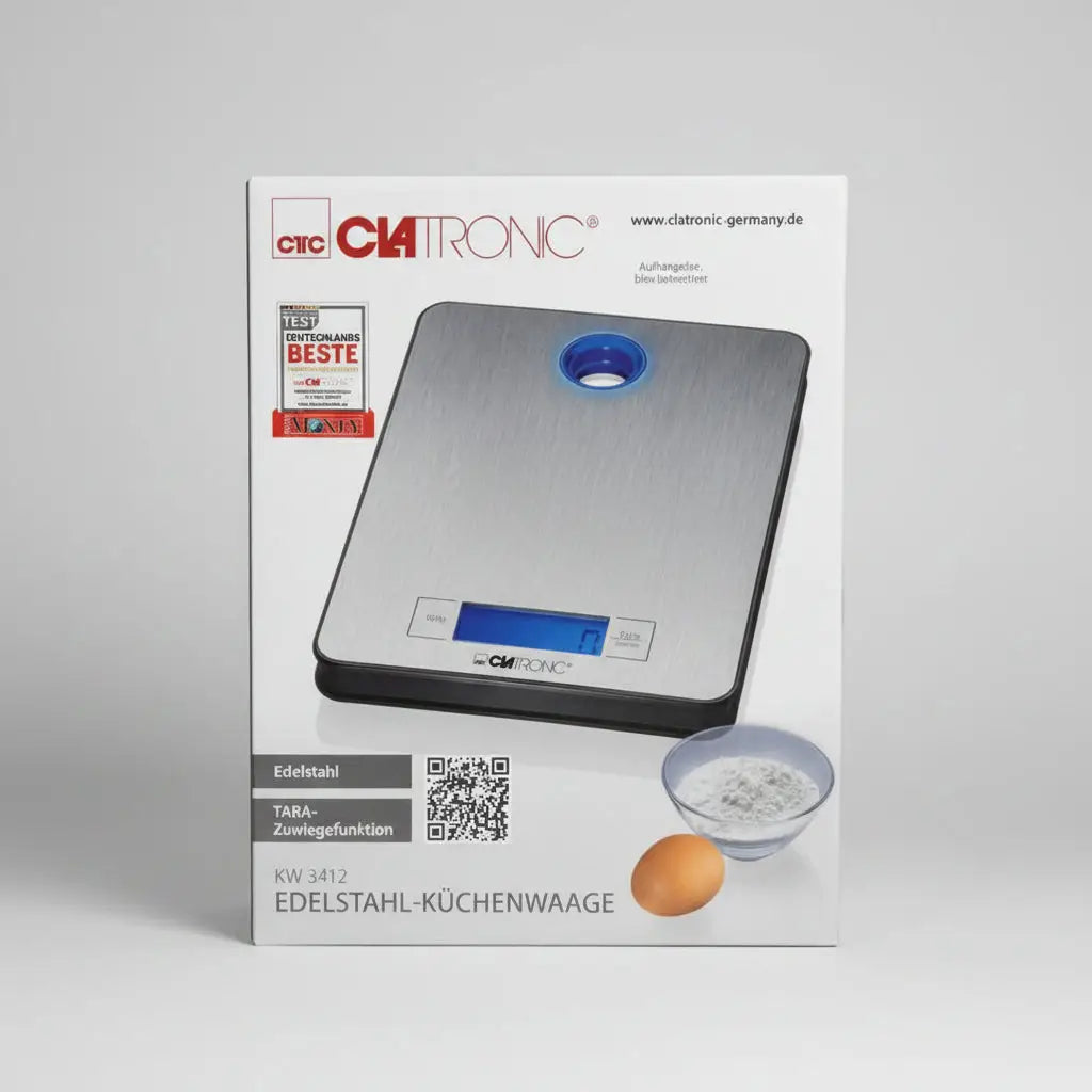 Pèse culinaire clatronic en acier inoxydable argent avec écran bleu numérique et plateau de pesée circulaire