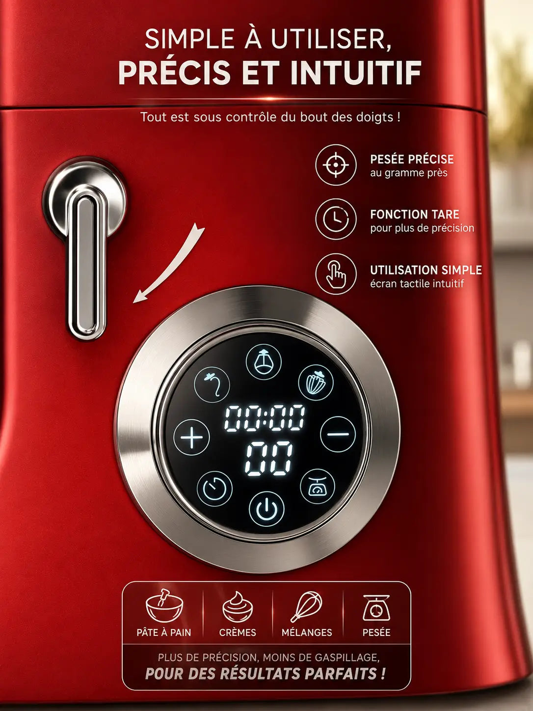 Balance de cuisine rouge avec écran digital et finitions acier inoxydable pour pétrin professionnel 2100 watts 8 litres