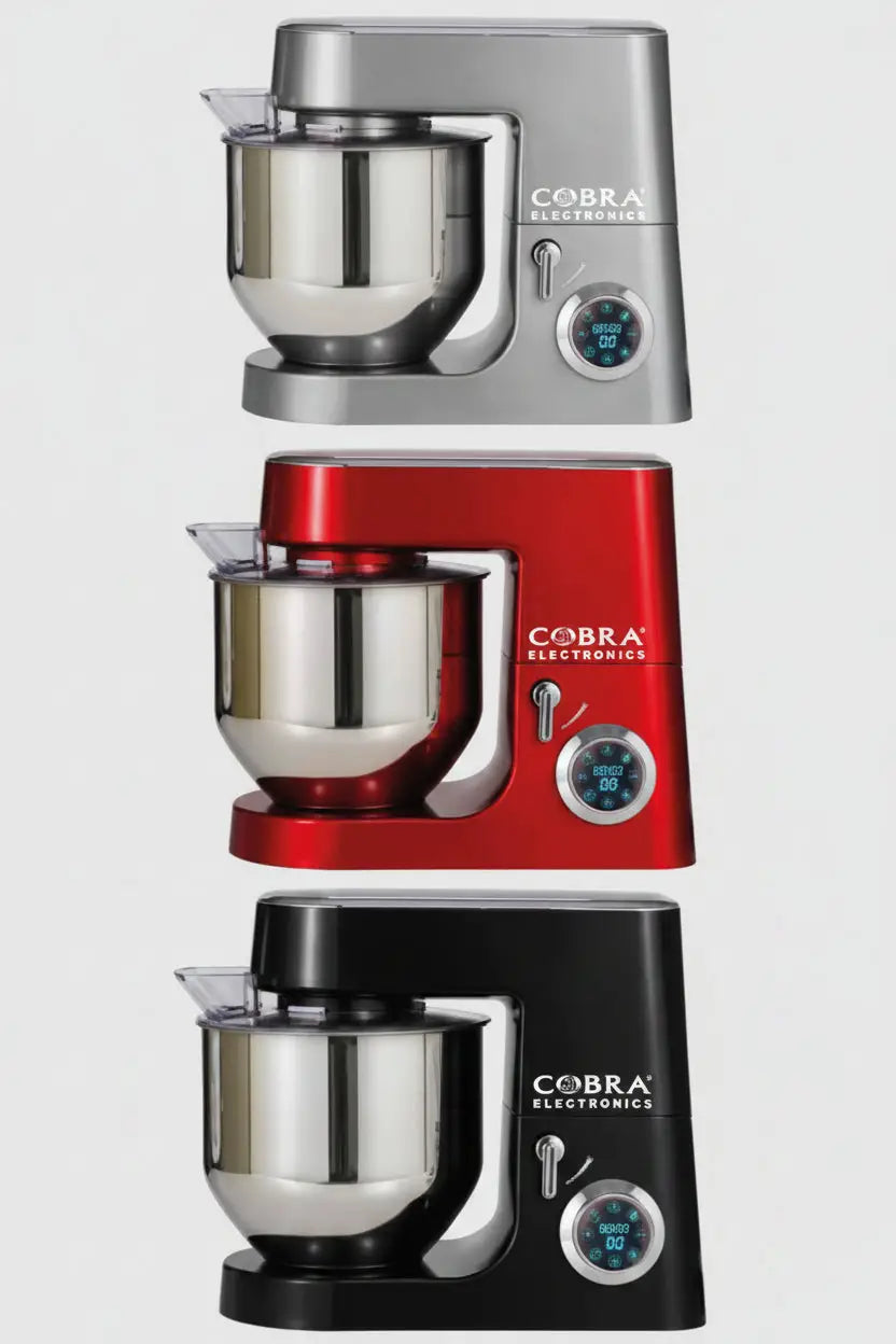 Mélangeurs pâtissiers professionnels pétrin 2100 watts 8 litres en cobra argent, rouge et noir avec bols inox