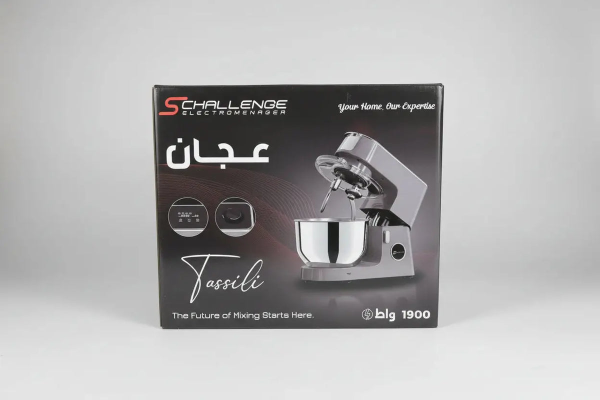 Pétrin schallenge double crochets amb-1555n avec robot pâtissier tassili 1900 noir et argent en emballage retail