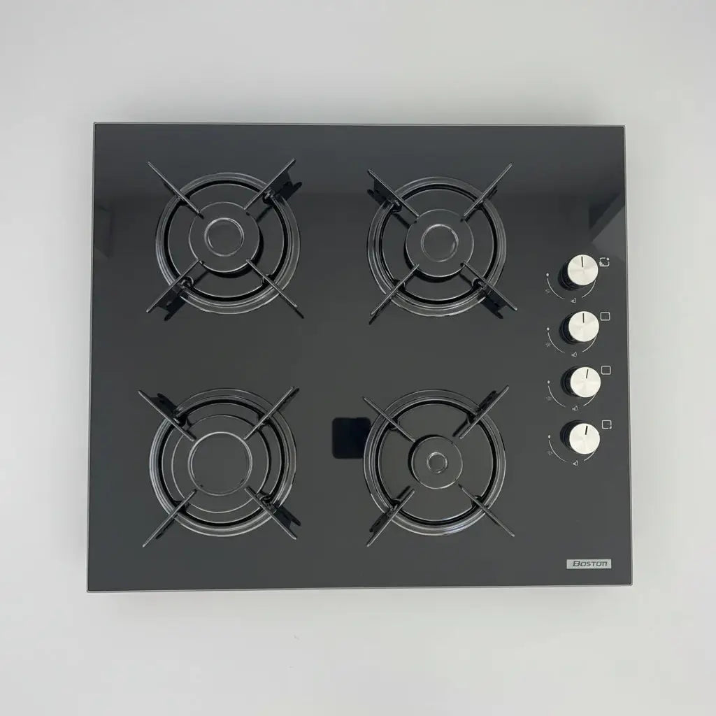 Plaque 4 feux ceramique boston avec surface en verre noir et boutons de controle blancs pour cuisson optimale