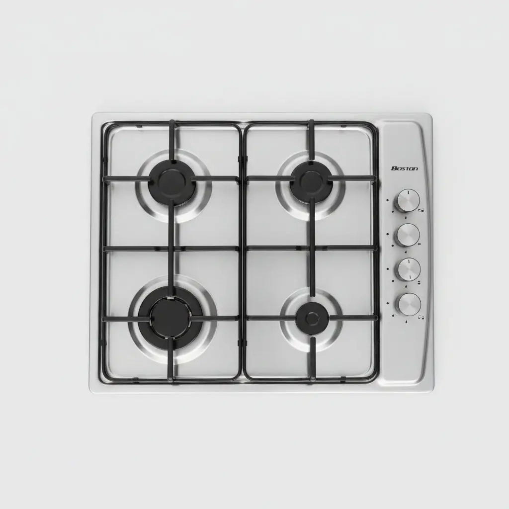 Plaque 4 feux inox boston en acier inoxydable avec quatre brûleurs et grilles noires pour cuisson au gaz