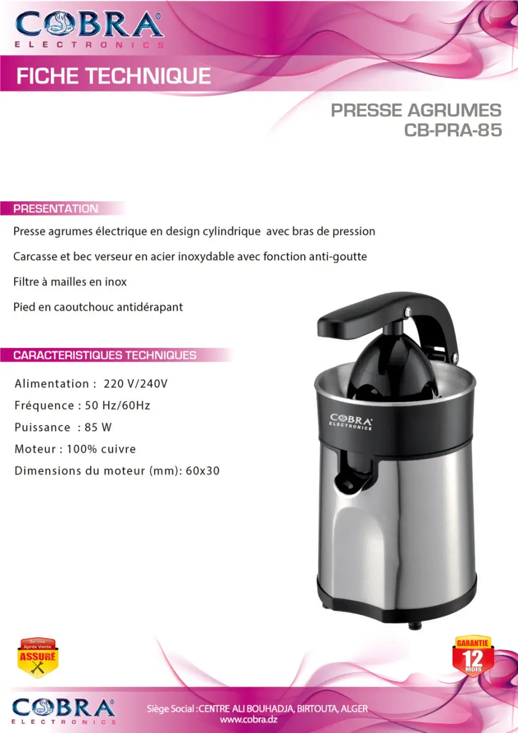 Presse agrumes cobra cb-pra-85 électrique en acier inoxydable avec design cylindrique et poignée noire