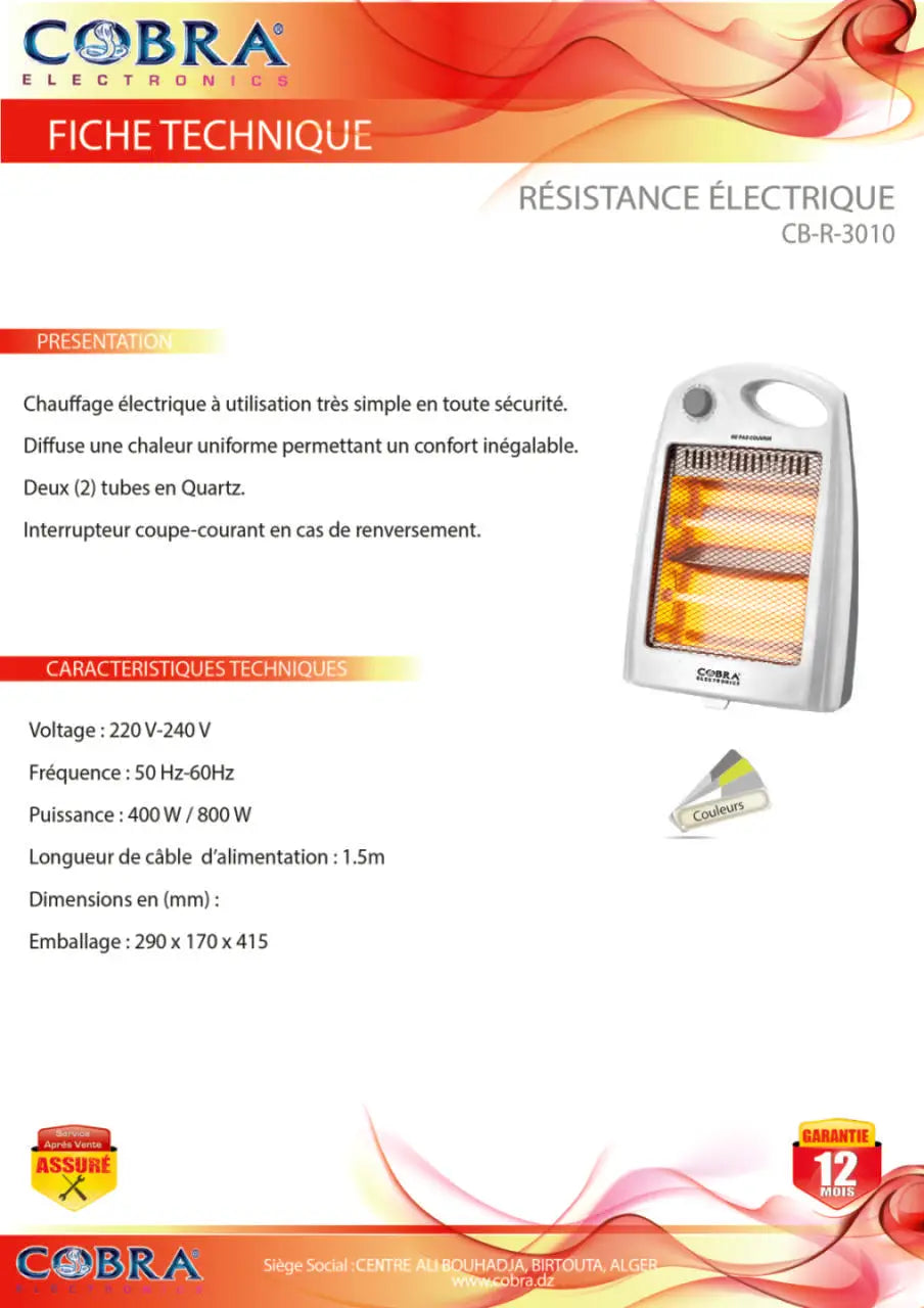 Chauffage électrique blanc cobra cb-r-3010 avec deux tubes quartz émettant une chaleur douce résistance 3010