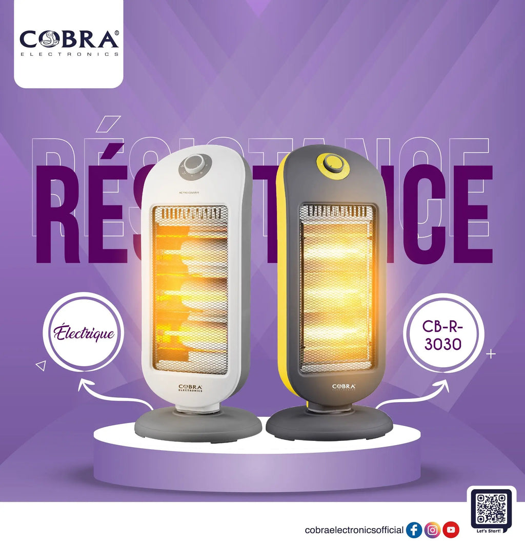 Deux radiateurs électriques cobra resistance cobra 3030 90° blanc et gris avec éléments chauffants orange visibles
