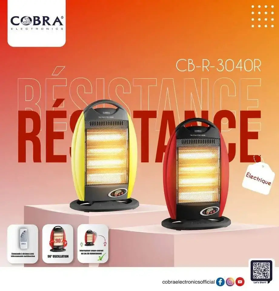 Résistance éléctrique cobra cb-r-3040r jaune et rouge avec base noire et éléments chauffants lumineux protégés par grille