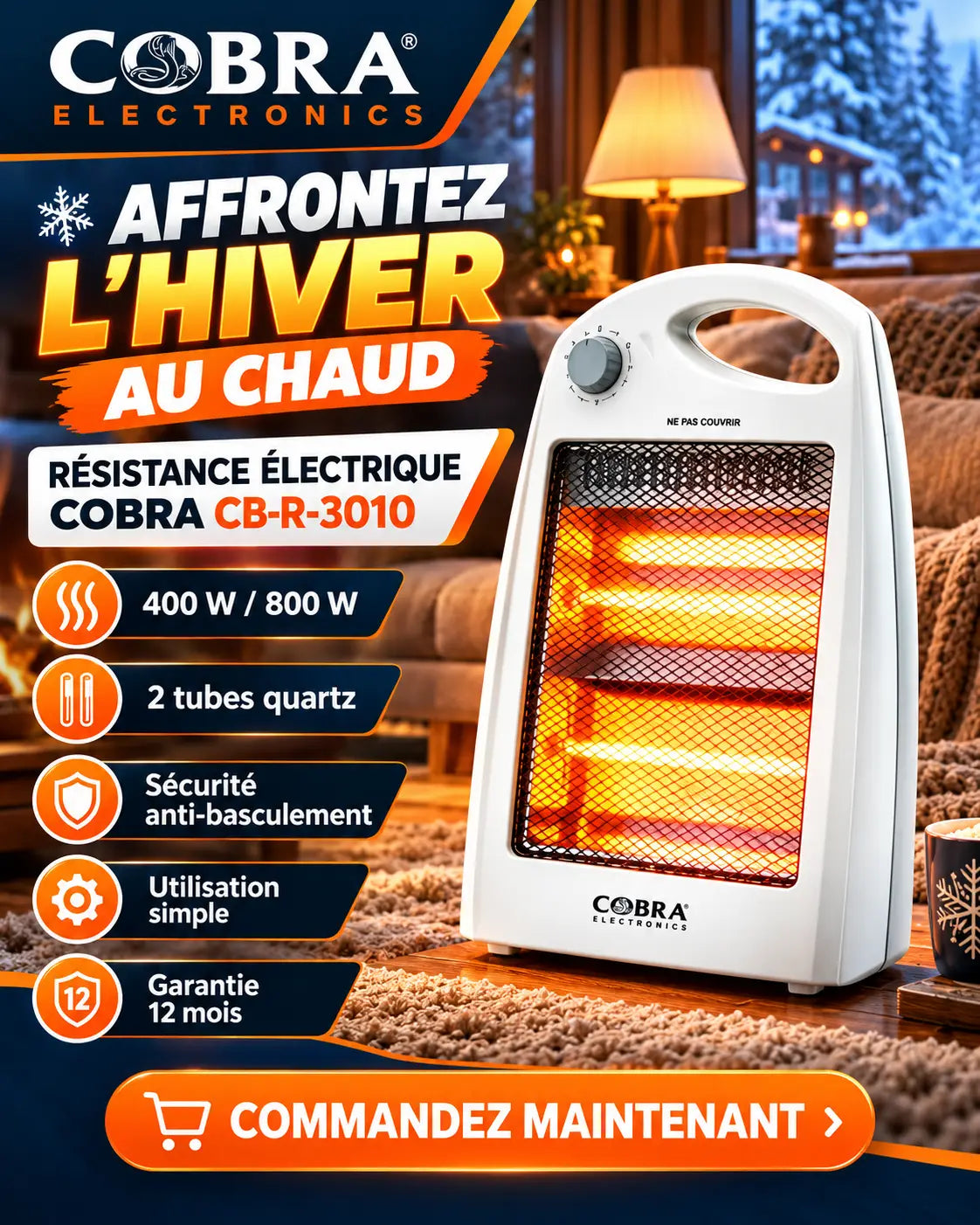 Résistance électrique cobra cb-r-3010 avec éléments chauffants orange en quartz et grille de protection en métal blanc