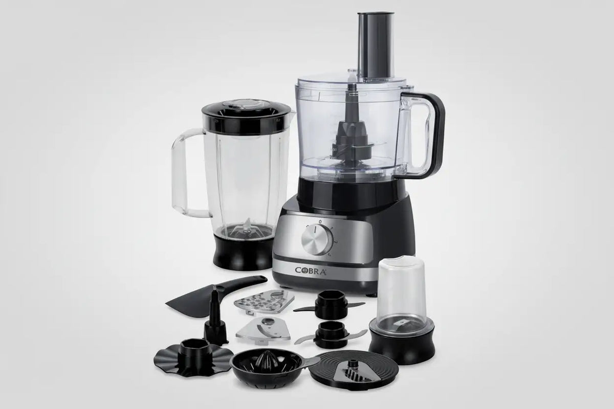 Robot multifonctions 11 en 1 cobra noir et argent avec bol plastique transparent, couvercle noir et accessoires variés
