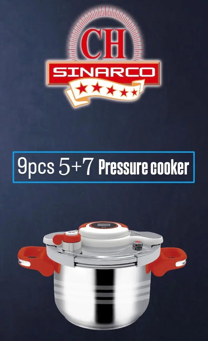 Set de 9 pièces sinarco autocuiseur en acier inoxydable argent avec poignées rouges et couvercle blanc de 5l et 7l