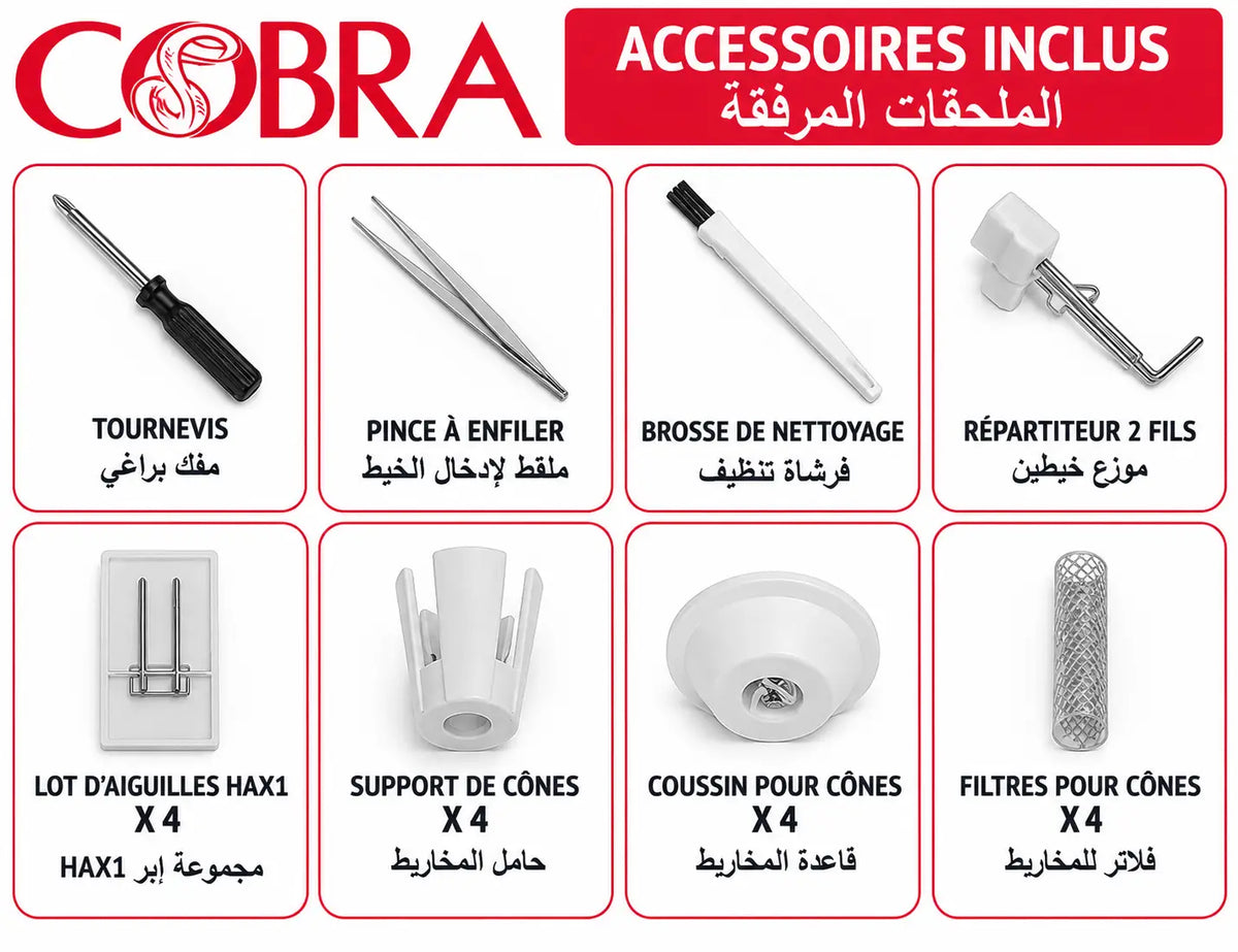 Kit de montage cobra pour surjeteuse s-30 avec tournevis noir, pince argent, brosse blanche et éléments en plastique et métal