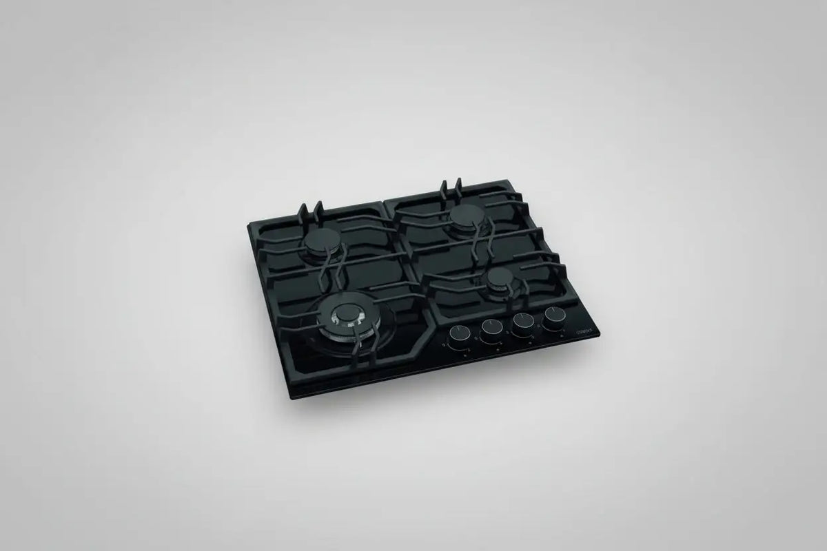 Table de cuisson 4 feux cb-tc-60fw en verre céramique noir avec quatre brûleurs et boutons de commande sur la face avant