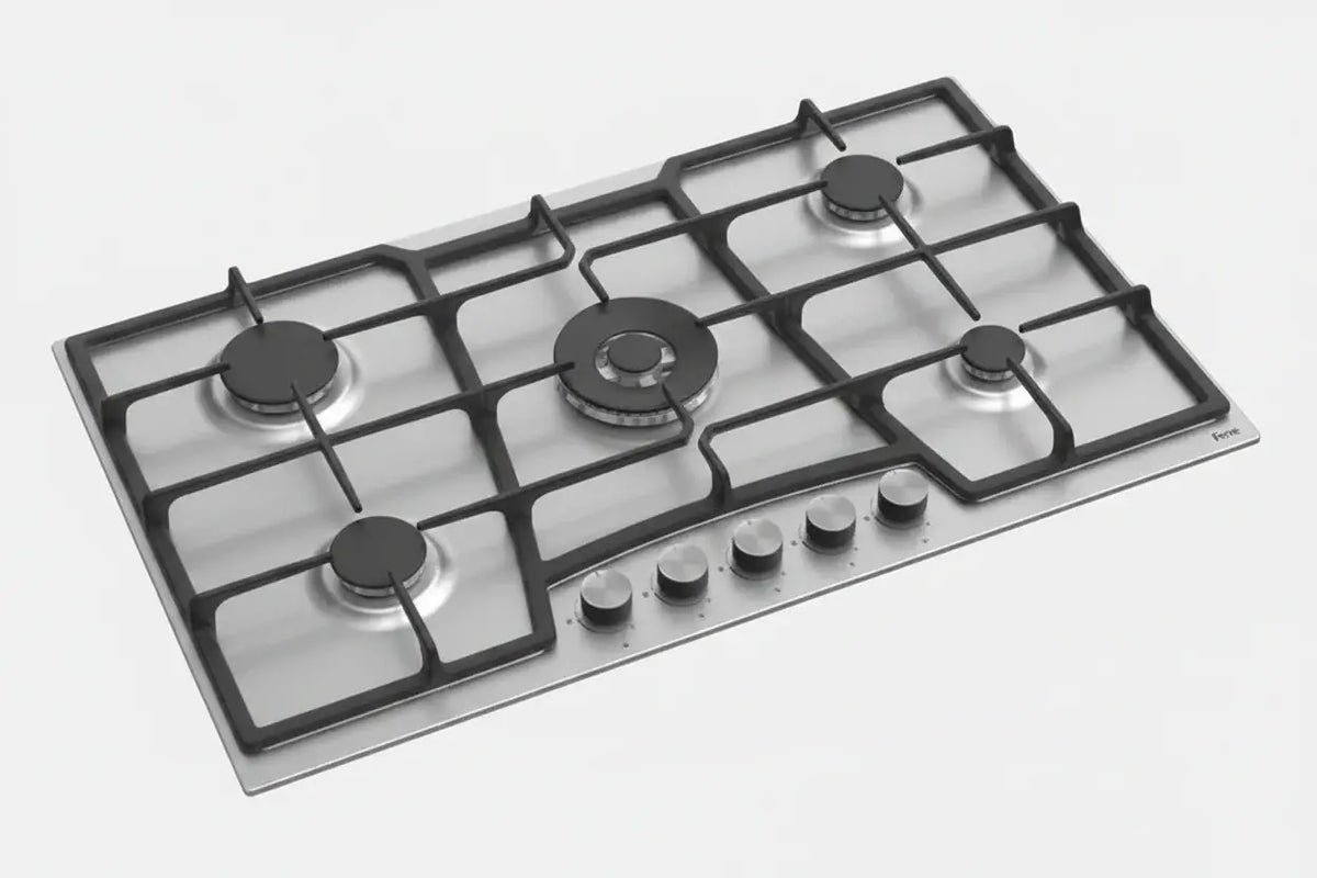 Table de cuisson inoxydable 5 feux avec grilles en fonte noire pour une cuisine performante et durable