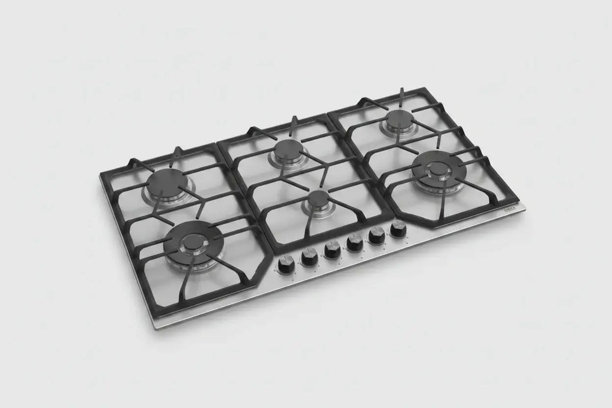 Table de cuisson inoxydable en fonte à 6 feux avec cinq brûleurs et grilles noires pour cuisson gaz