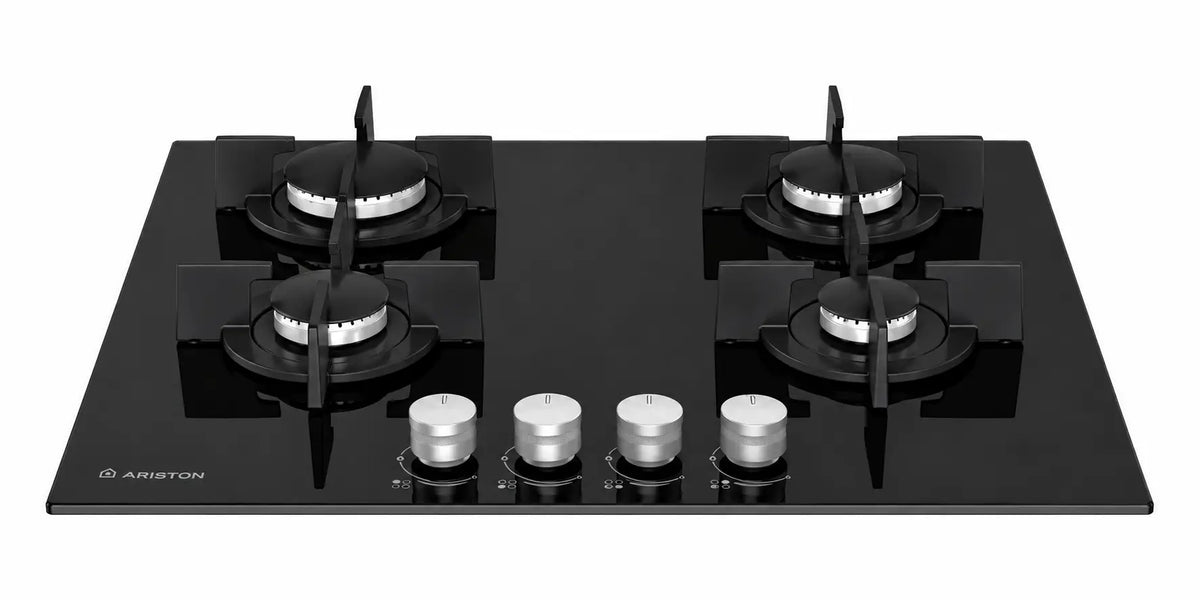 Table de cuisson encastrée gaz 60 cm noire avec surface en verre et quatre foyers avec boutons argentés
