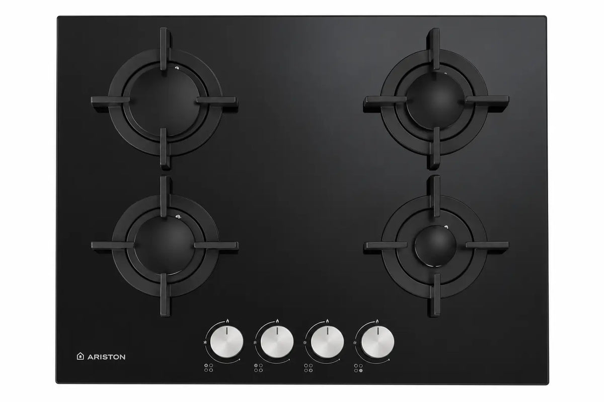 Table de cuisson encastrée gaz 60 cm noire en verre céramique avec quatre foyers et boutons de commande argentés