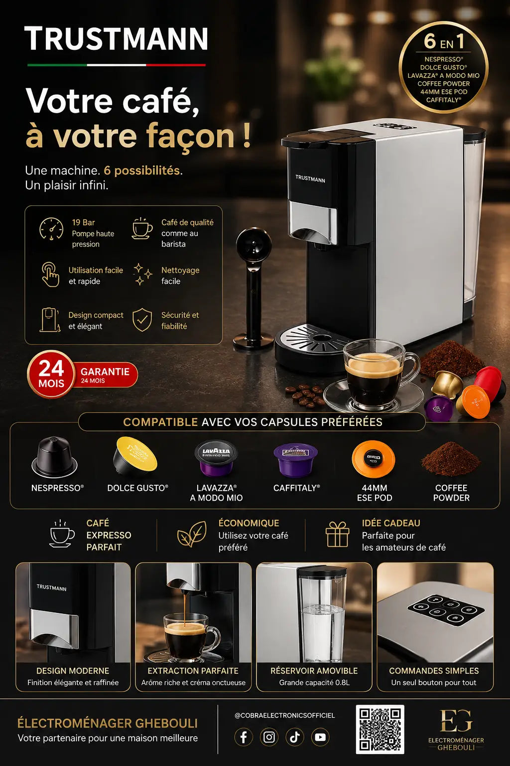 Machine à café trustmann multi 6 en 1 noire et argentée au design moderne et élégant