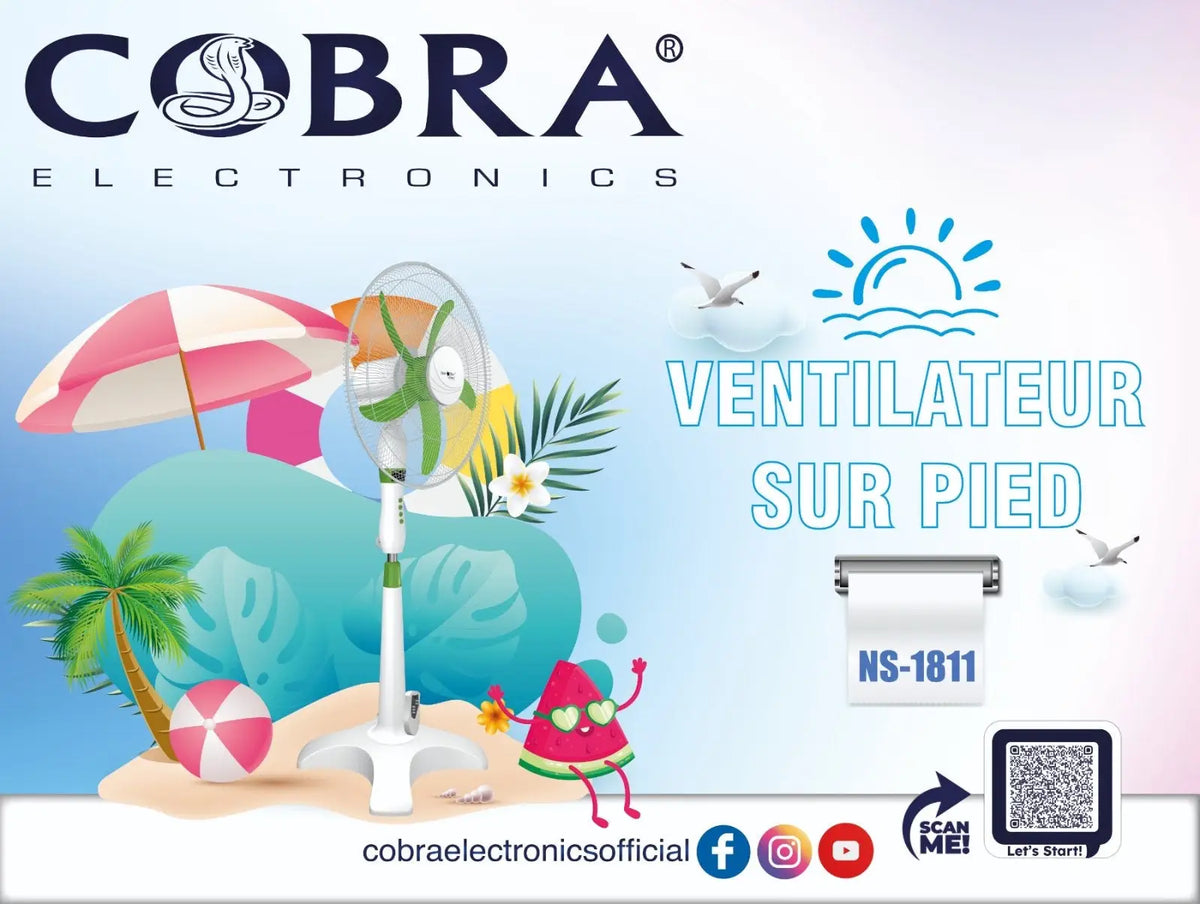 Ventilateur à pieds 1811 blanc avec pales vertes et grille protectrice transparente pour usage domestique