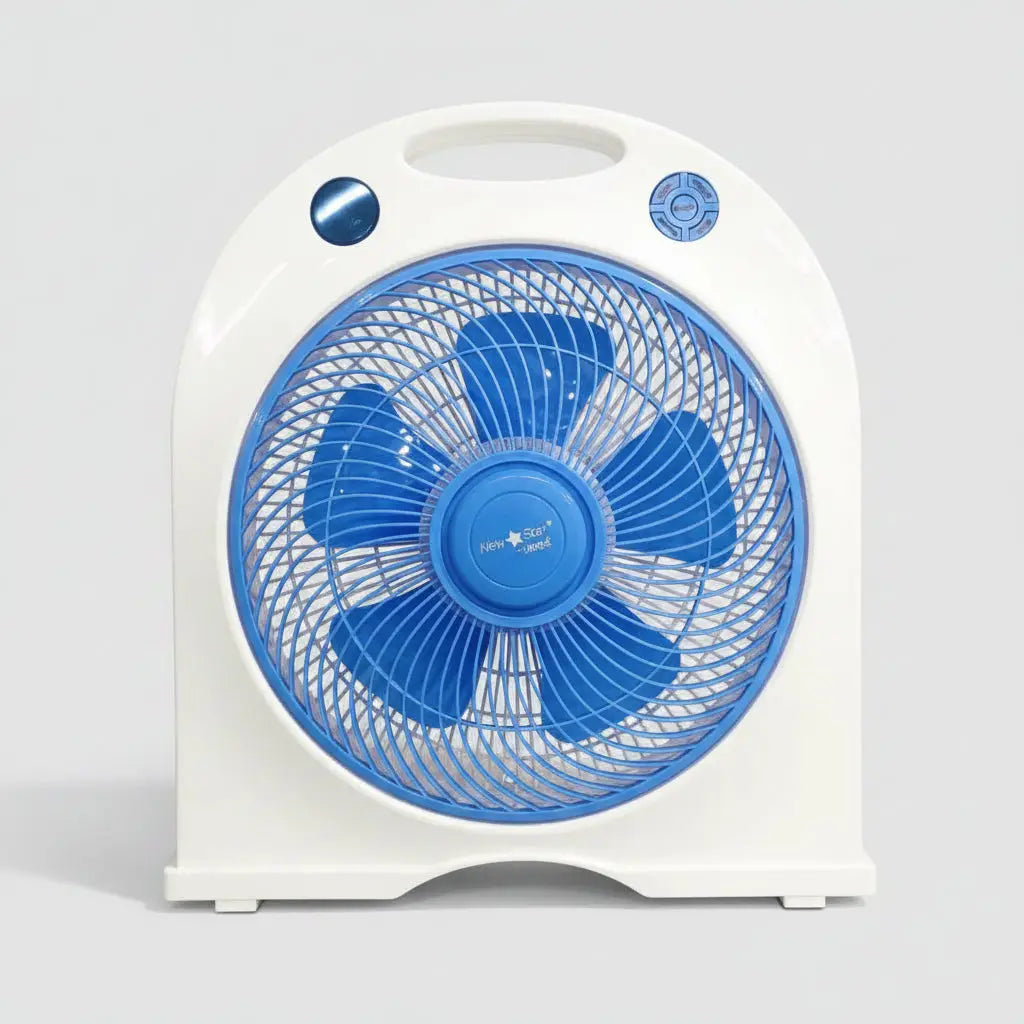 Ventilateur de table 1280 portable blanc et bleu avec poignée, cinq pales bleues protégées par une grille en maille