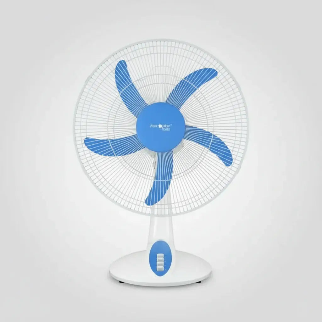 Ventilateur de table FT-50 bleu et blanc avec grille circulaire, cinq pales bleues et boutons de commande au socle
