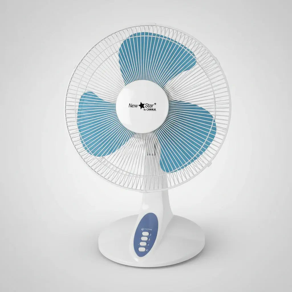 Ventilateur ft-40 blanc et bleu avec grille circulaire trois pales et boutons de commande sur la base