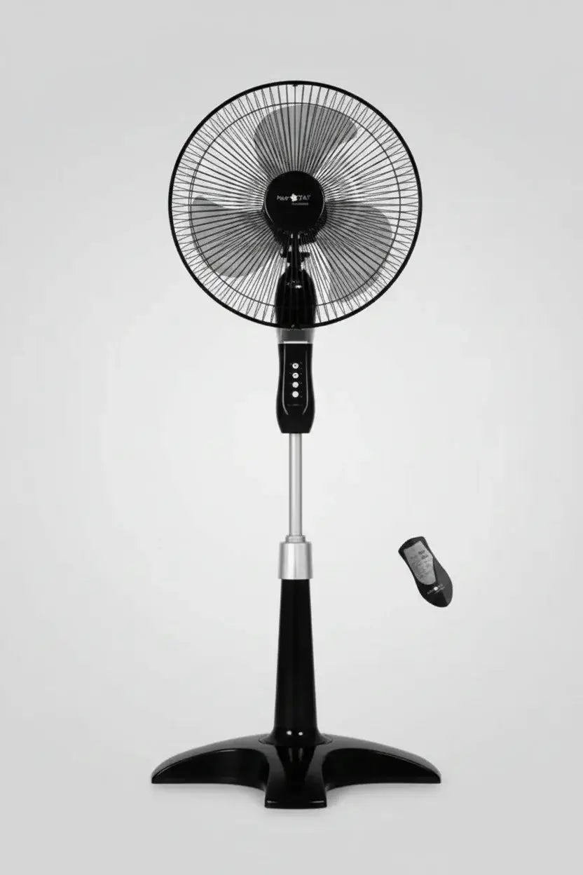 Ventilateur ns-1611 noir sur pied avec grille métallique circulaire, boutons de contrôle sur la poignée et télécommande