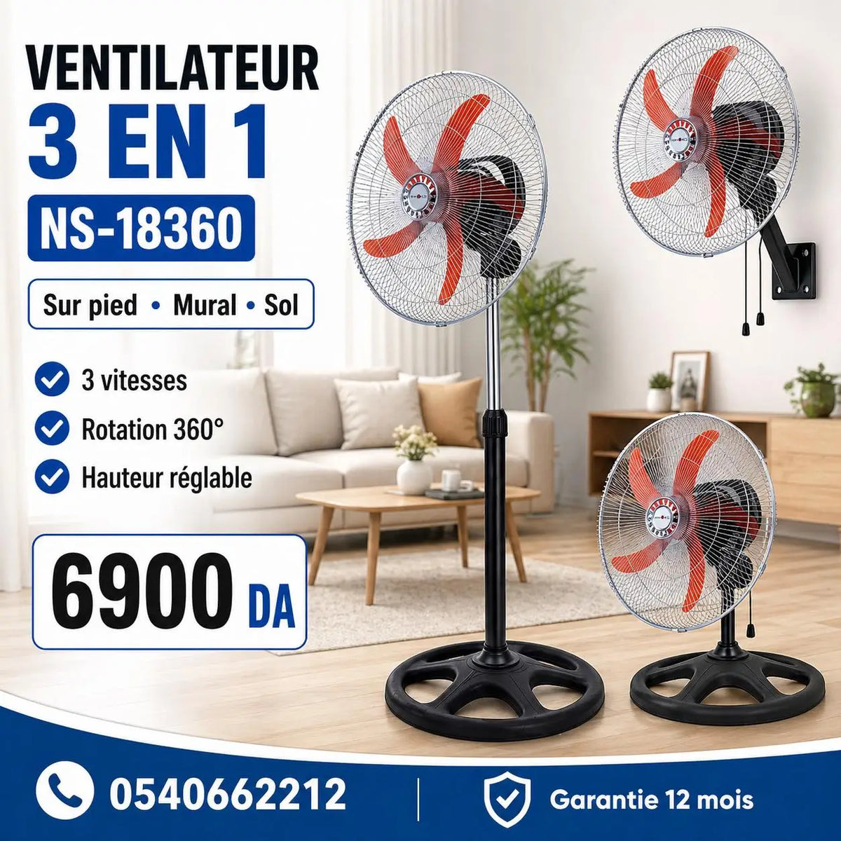 Ventileur 3en1 ns-18360 ventilateur noir et rouge 3 en 1 réglable pour sol mur et plafond avec 3 vitesses