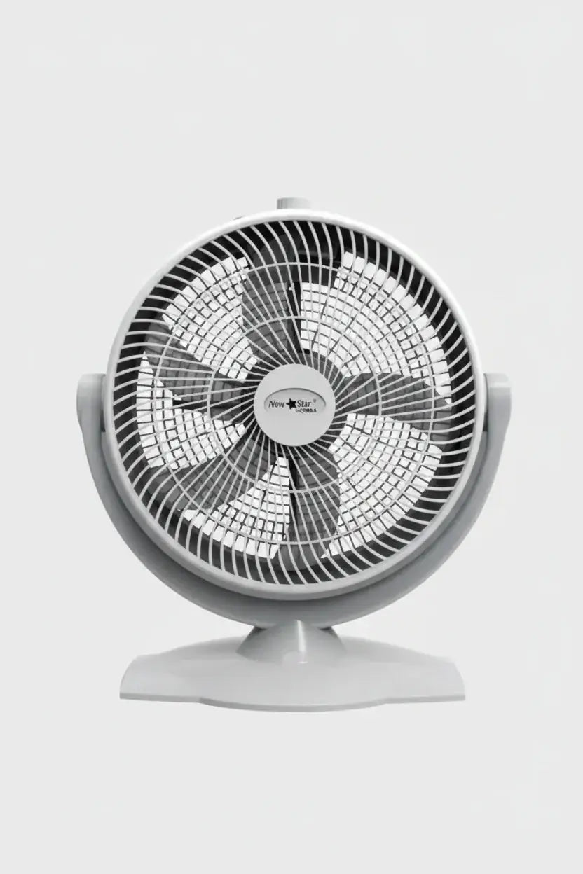 Ventilateur de sol 1679 en plastique blanc avec grille circulaire et cinq pales gris foncé